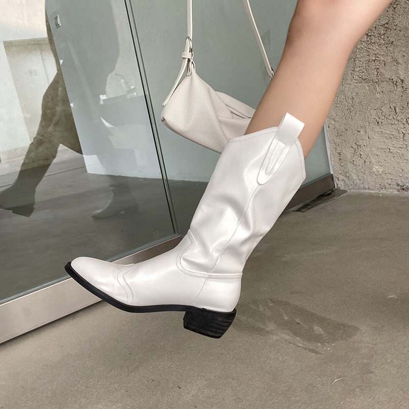 적극 추천합니다  2022 새로운 스타일 레트로 두꺼운 뒤꿈치 지적  가죽 중반 송아지 부츠 인터넷 연예인 중반 뒤꿈치 서양 부츠 여성을위한 카우보이 부츠