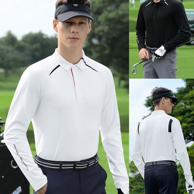 PGM新品高尔夫衣服男亲肤高弹长袖t恤毛织拼接翻领柔软上衣polo衫