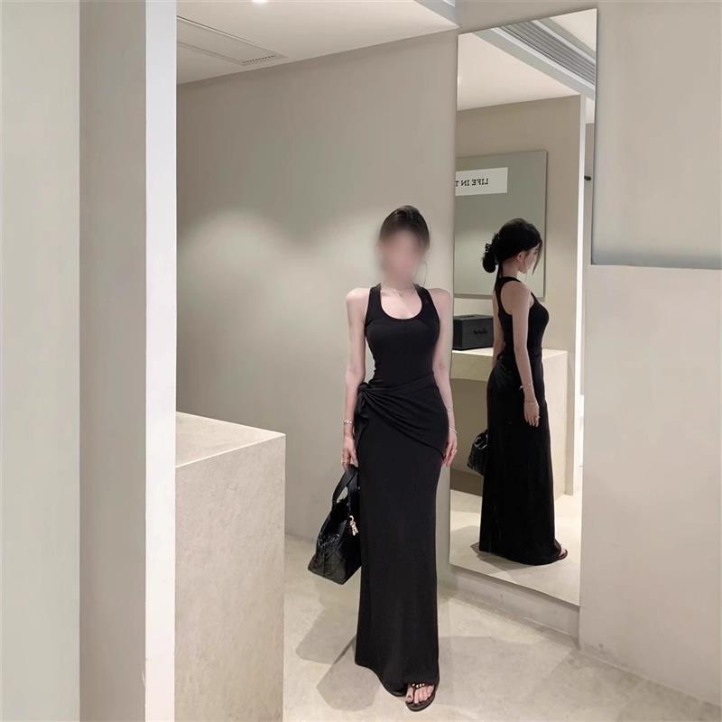 黑色u领无袖工字背心连衣裙女夏季辣妹收腰修身裙子气质包臀长裙