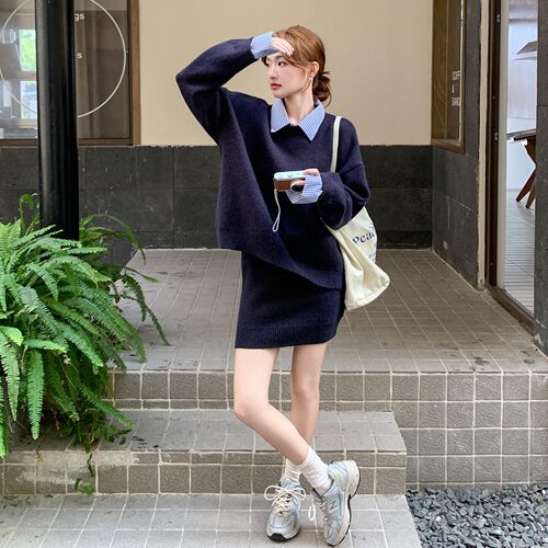 韩系时髦风翻领针织两件套女秋冬轻薄学院风套装小个子通勤法式轻