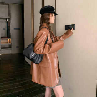 美拉德风咖色皮衣女中长款 领通勤气质外套 宽松西装