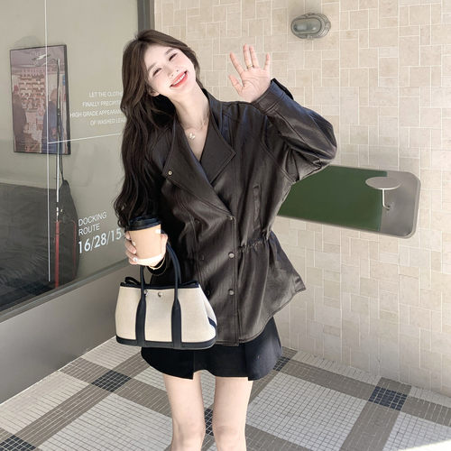 通勤酷飒风PU皮衣外套女秋季新款感双排扣收腰机车夹克大码修身紧
