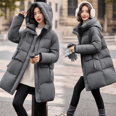 休闲风中长款连帽羽绒服