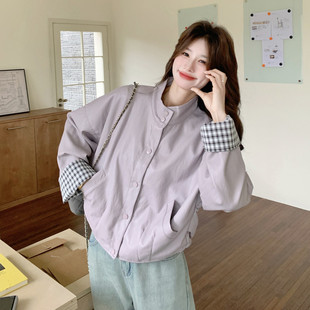 百搭设计感夹克 PU皮衣外套女2026新款 韩版 立领格纹拼接短款