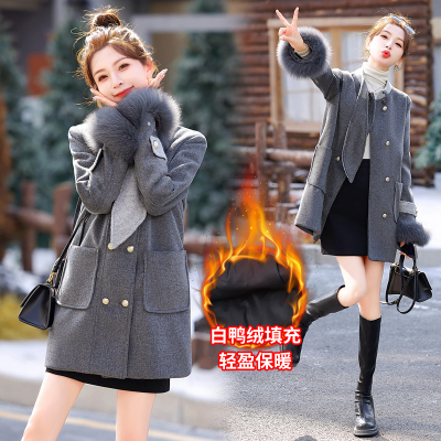 小香风白鸭绒羽绒服中长款