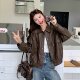 通勤风宽松皮衣外套女2025秋季 咖色翻领酷飒高级感炸街夹克