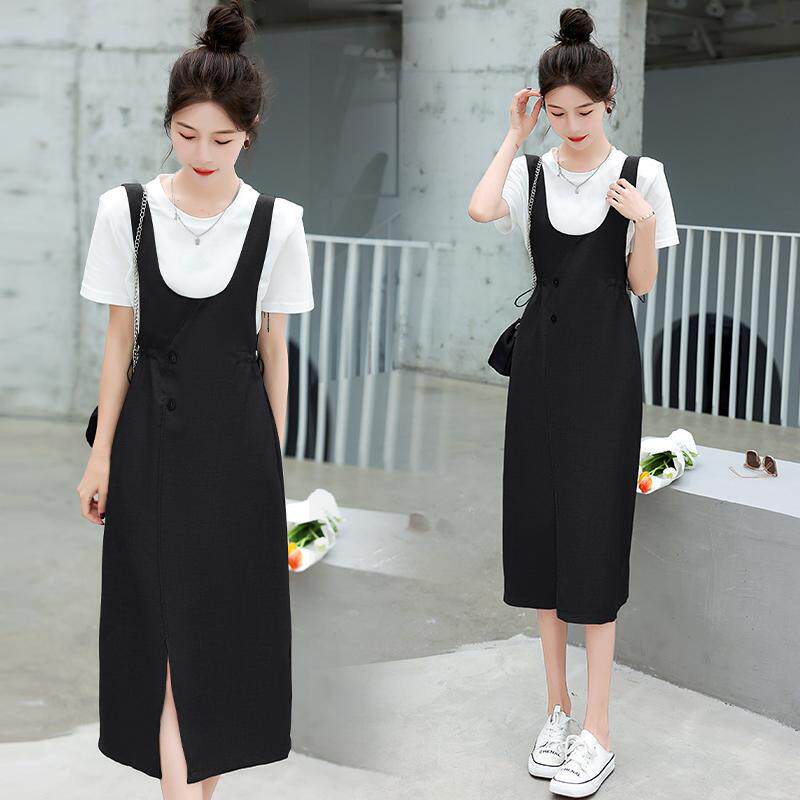 学院风假两件背带裙套装女夏季显瘦收腰开叉连衣裙三件套