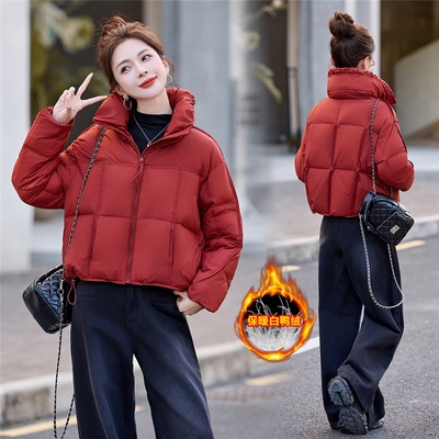 红色短款泡芙羽绒服女