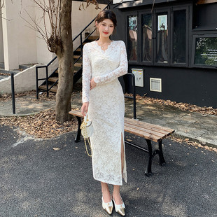 优雅修身V领蕾丝长袖收腰包臀裙女高级显瘦开叉连衣裙中老年美式