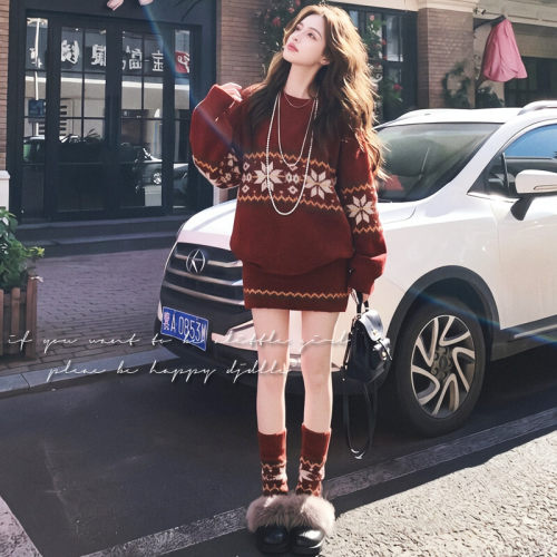 费尔岛风圣诞红针织套装女2026秋季潮流毛衣半身裙两件套高级202