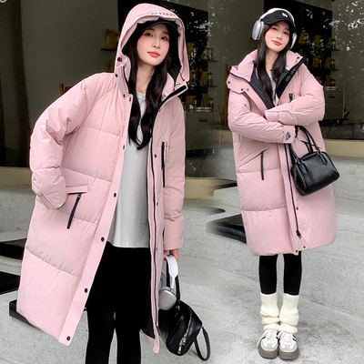 粉色90白鸭绒连帽羽绒服