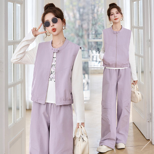 休闲风马甲套装女春季穿搭三件套显瘦时尚紫色套装