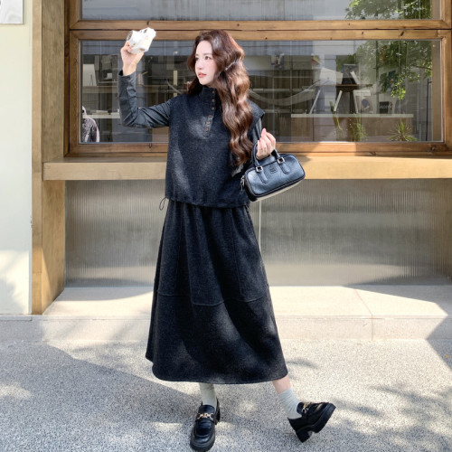 法式2026深灰色半开领卫衣半身裙两件套女秋季修身松弛感套装洋气