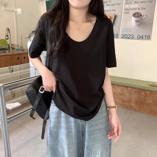 宽松显瘦遮肚子胖mm正肩上衣服 t恤女夏季 特大码 300斤水滴U领短袖