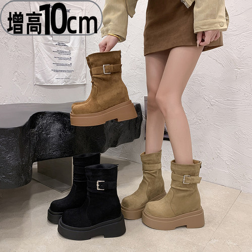 秋冬复古绒面厚底靴子短靴