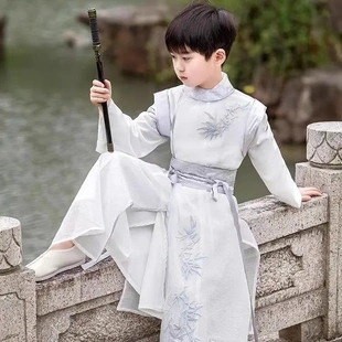 唐朝代古装李白汉服男童表演出服诗人歌词朗诵国学服装吹箫笛子