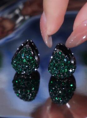 复古满钻绿色小提篮耳扣耳环女枪黑绿豆闪亮网红百搭耳饰新款