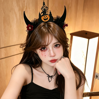 万圣节黑色恶魔角南瓜发箍装扮