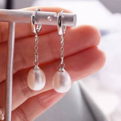 天然淡水珍珠耳环简约新款珍珠耳圈925纯银耳线长款耳饰女防过敏