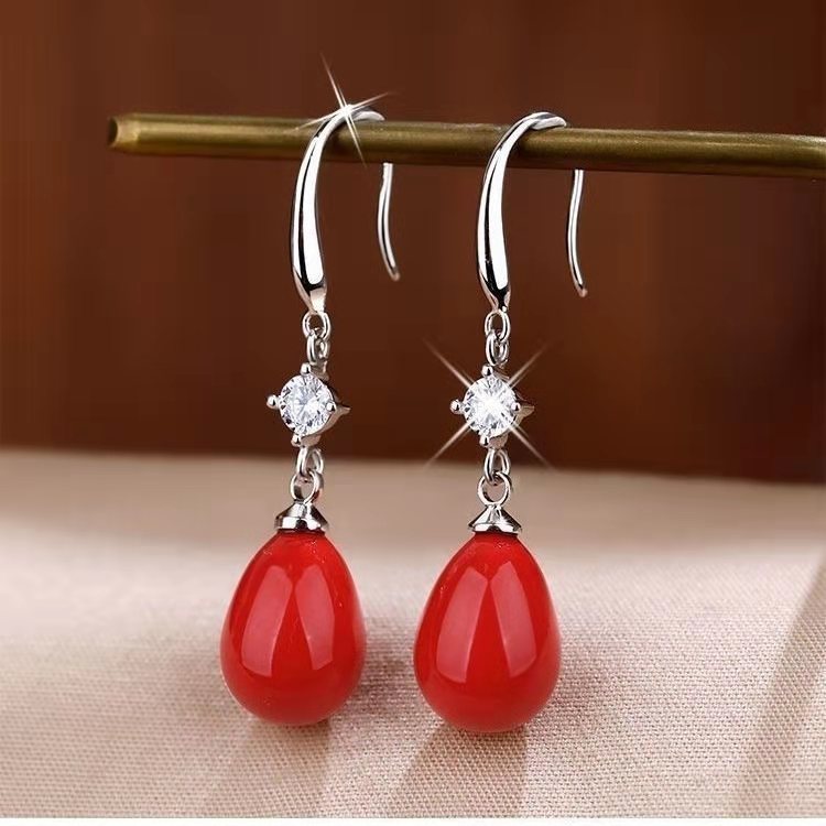 925纯银珍珠耳坠女长款红色耳饰个性气质流苏韩国耳环简约防过敏