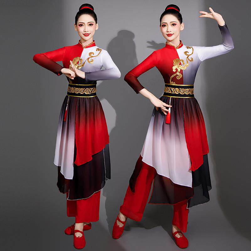 水墨古典舞蹈演出服女飘逸中国风腰鼓秧歌服打鼓表演服装成人套装