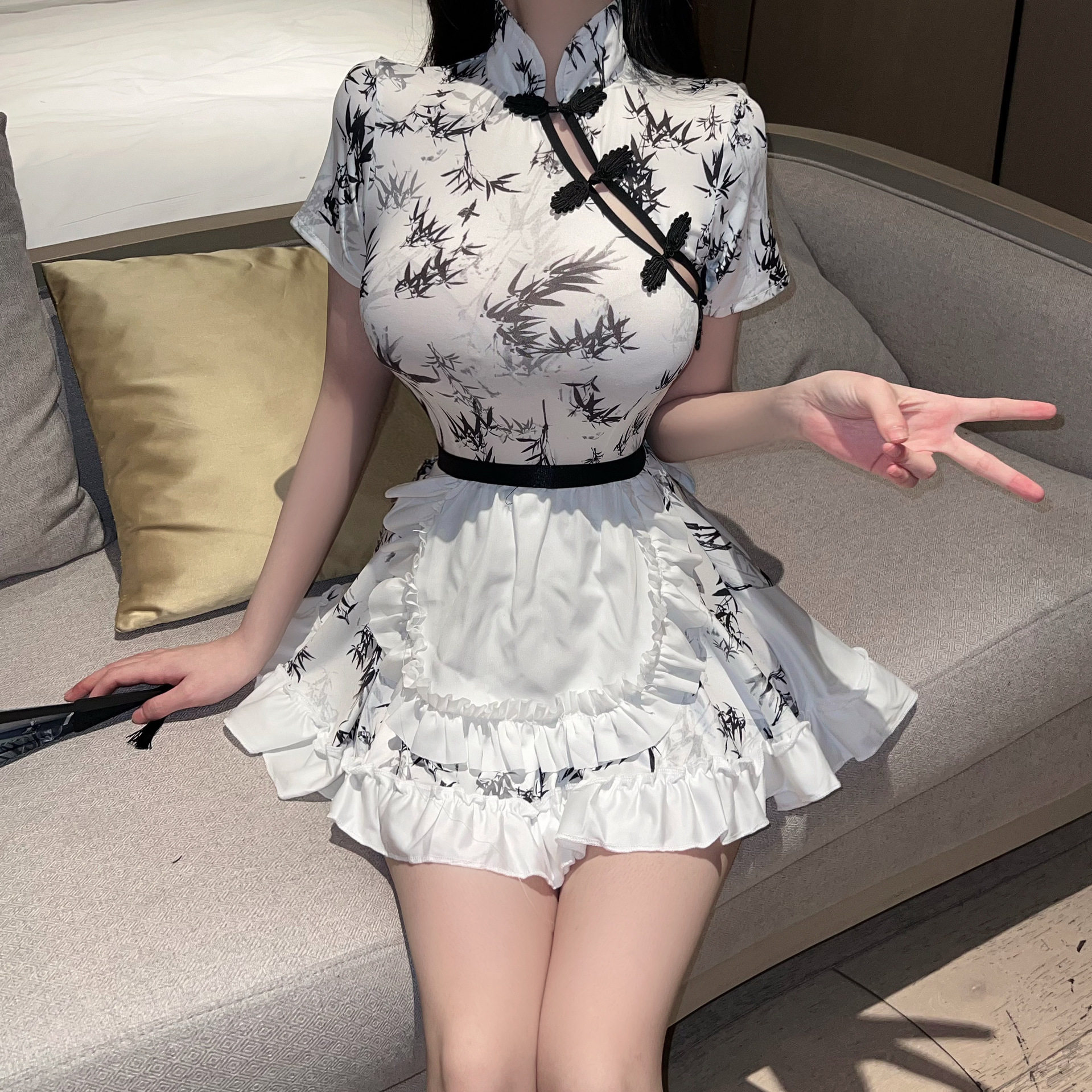 中国风水墨印花改良旗袍辣妹性感