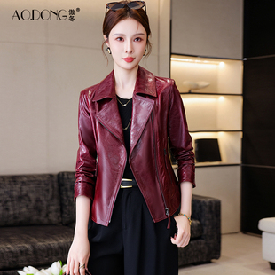 海宁油蜡头层绵羊皮真皮皮衣女短款时尚显瘦单皮机车夹克外套春秋