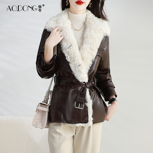 海宁真皮皮衣女中长款高级感油蜡绵羊皮鹅绒服羊毛领腰带外套冬季