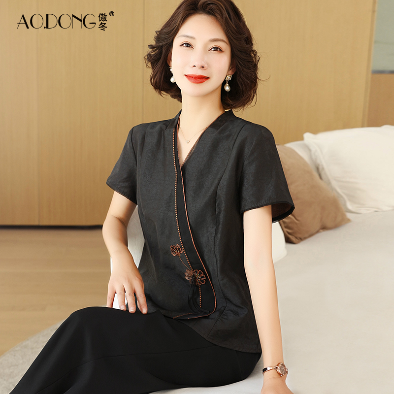 新款短袖香云纱真丝傲冬妈妈