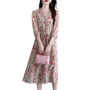 双绉真丝连衣裙女印花妈妈气质桑蚕丝收腰显瘦甜美时尚裙子夏季