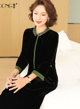 重磅真丝丝绒连衣裙女刺绣新中式桑蚕丝妈妈收腰裙子气质春秋