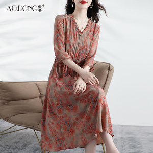 新款真丝连衣裙女士时尚印花中袖桑蚕丝重绉收腰显瘦裙子气质夏季