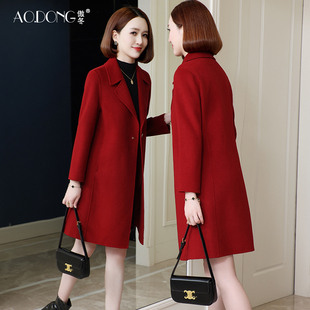 新款高端双面绒大衣女中长款西装领妈妈羊毛呢气质修身外套秋冬