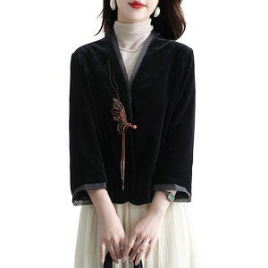 高级真丝丝绒上衣女九分袖时尚桑蚕丝中国风刺绣妈妈复古外套春秋