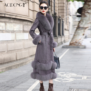新款海宁兔毛皮草一体外套女狐狸毛领轻奢中长款收腰气质大衣冬季