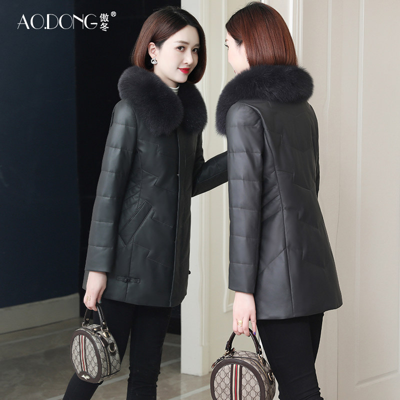 海宁皮衣真皮羽绒服女中长款加厚狐狸毛领妈妈皮草修身小个子外套