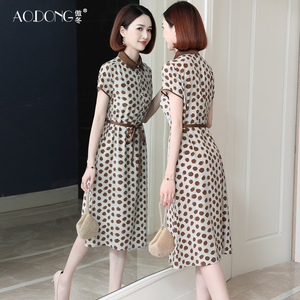 新款真丝连衣裙女中老年妈妈收腰波点印花气质漂亮桑蚕丝裙子夏季