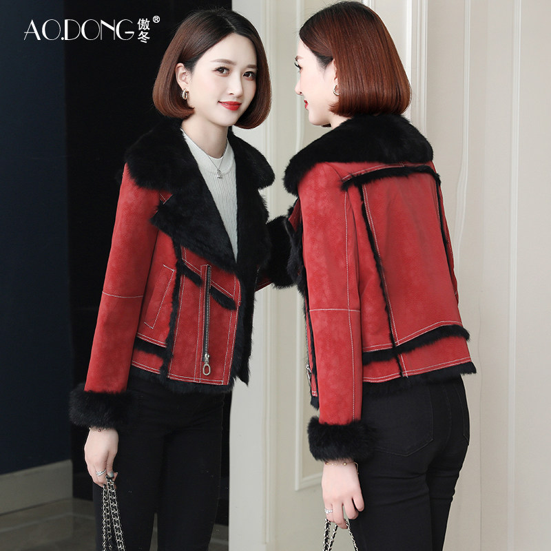 傲冬2022新款海宁兔皮毛一体女短款皮衣斜拉链修身皮草保暖外套