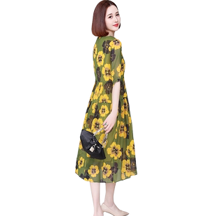 断码特价清仓杭州桑蚕丝显瘦真丝连衣裙女中年妈妈百搭裙子夏季