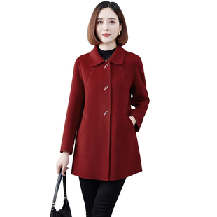 2023新款高端双面绒大衣女中长款修身红色羊毛呢子妈妈小个子外套