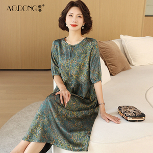 高级真丝连衣裙女新中式妈妈印花气质圆领桑蚕丝复古显瘦裙子夏季