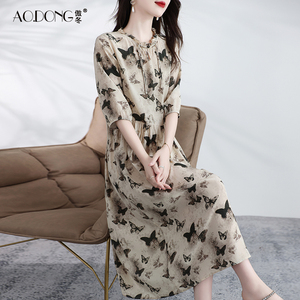 高级双绉真丝连衣裙女印花中年妈妈气质桑蚕丝收腰显瘦长裙子夏季