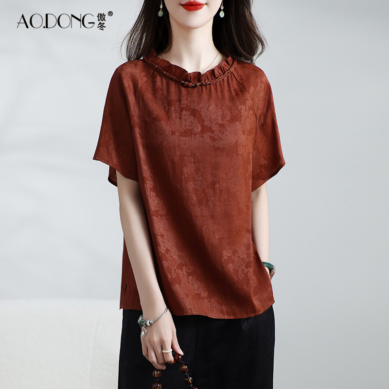 2025新款高端真丝上衣女短袖复古国风优雅提花小衫桑蚕丝T恤夏季