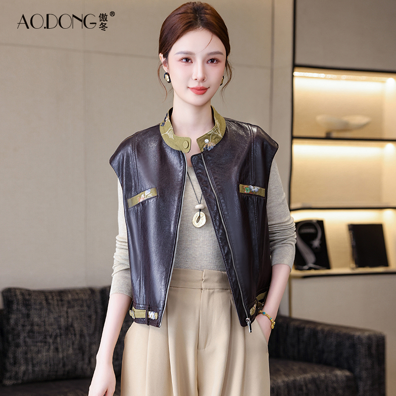 油蜡真皮皮衣女装短款绵羊皮背心小个子无袖亮片显瘦马甲外套春秋