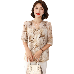 高级国风真丝上衣女妈妈装新中式桑蚕丝T恤复古小衫印花气质半袖