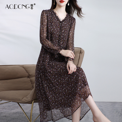 新款真丝连衣裙女长袖桑蚕丝