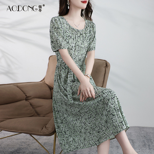 新款真丝连衣裙女桑蚕丝时尚中年妈妈收腰显瘦系带裙子气质夏季