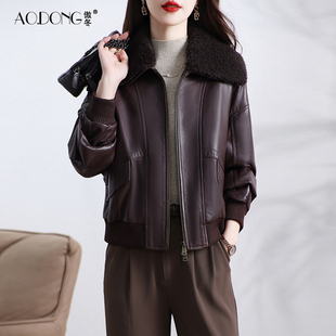 新款绵羊皮真皮羽绒服女短款皮衣保暖加绒毛领拉链收腰夹克外套冬