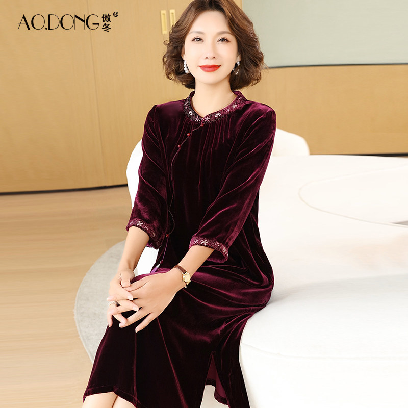 高级婚宴真丝丝绒连衣裙女喜婆婆桑蚕丝裙子妈妈装新中式气质春秋