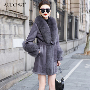 兔毛皮草一体外套女修身海宁狐狸毛领奢华中长款保暖气质大衣冬季